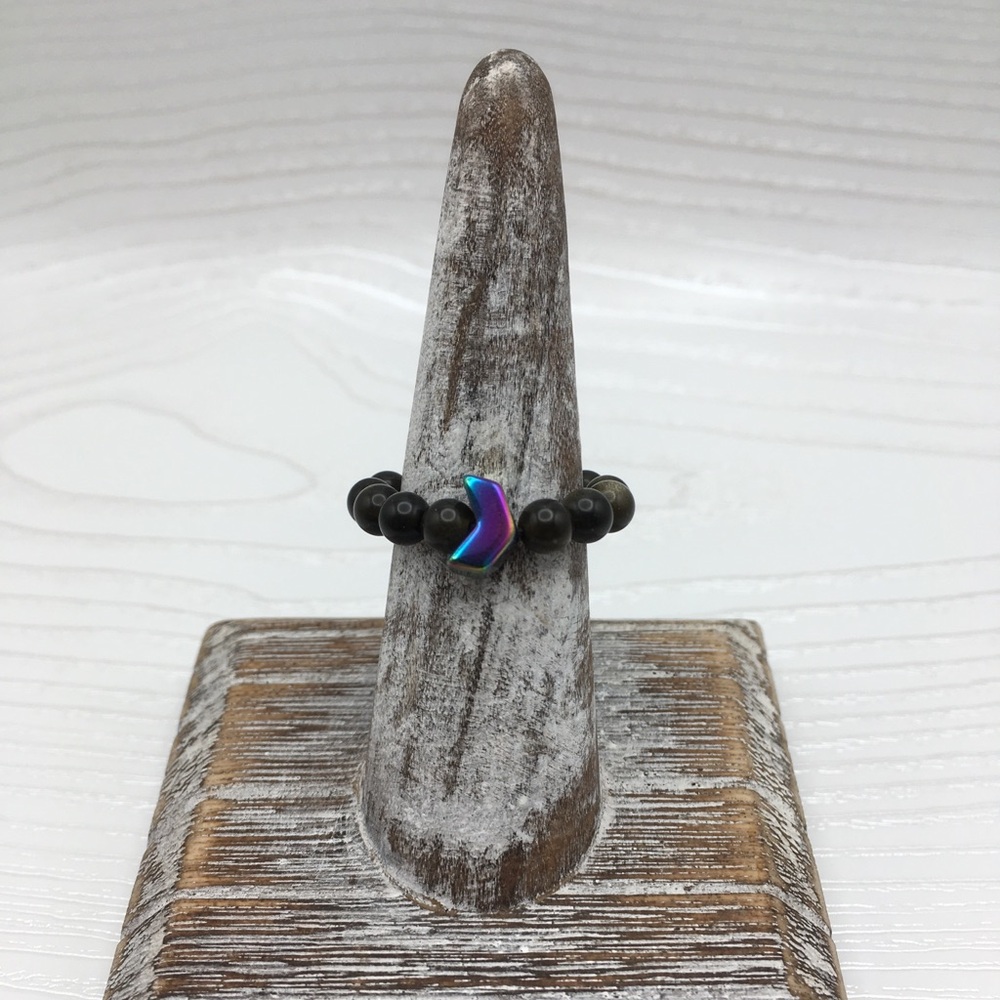 HANDCRAFTED Obsidian w/Rainbow Hematite Chevron Stretch Bead Ring